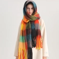 Close-up of thick rainbow plaid scarf with long fringe showing colorful wool texture - Rainbow Patchwork Plaid (WJ137-23)