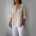 Chemise ample en lin beige clair pour femme avec col en V et bouton unique en bois - Abricot 880011# / 3XL