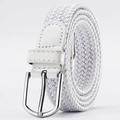 Elastic white braided canvas belt with silver metal buckle and matching PU leather trim - White