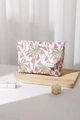Macro detail of watermelon and palm tree embroidery on a canvas makeup bag with zipper - Coconut Tree Large