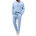 Close-up of light blue men's casual two-piece set featuring waffle texture and drawstring - S / Light Blue