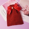 Red linen drawstring gift bag with elegant satin bow and pearl charm ornament - 14.5*19.5cm / Burgundy
