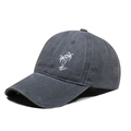 Detail of white palm tree embroidery on distressed grey washed cotton baseball cap - One Size / Gray