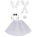 White satin bunny cosplay set with sequin tutu skirt, bunny ears, and long gloves - White 6-Piece Set