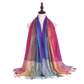 Detail of colorful rainbow gradient scarf with paisley pattern and tassel trim - Paisley Purple