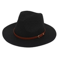 Detail of black straw Panama hat featuring a brown leather band and gold metal buckle - Black