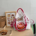 White nylon tote bag with colorful donut embroidery and pink thick rope handles - White Delicious Donut (Without Shoulder Strap)