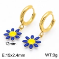 Golden hoop earrings with blue and yellow enamel daisy charms weighing three grams - Gold Blue Yellow Daisy Earrings (KE112902-HF)