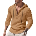 Detail of khaki men's long sleeve hooded linen shirt with V-neck buttons and black drawstrings - Earthy Yellow