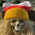 Handmade crochet devil cat ear beanie in orange, yellow and white candy color design - Adult 56-59cm / White+Red+Yellow