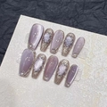 Cat eye lavender purple press-on nails with gold chrome texture and crystal accents - Extra Small (XS) / Purple/Long Coffin