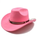 Detailaufnahme der rosa Wildleder-Cowboyhutkrone mit braunem Flechtband und Schnalle - M (56-58cm) / Knallpink