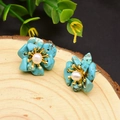 Sky blue flower earrings with natural turquoise petals and central round white pearl - Turquoise Chip Flower Studs (Sky Blue)