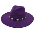 Detail of deep purple wide brim wool fedora hat with bohemian metal studded leather band - Purple
