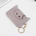Cute mauve cat-shaped PU leather card holder with gold key ring and snap button eyes - Light Purple