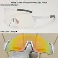 Detailed comparison of photochromic cycling sunglasses before and after color change - White Frame Photochromic Red