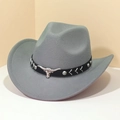 Classic grey wool felt cowboy hat with black band and silver bull head metal ornament - M (56-58cm) / Grey (Black Bull Head Band)