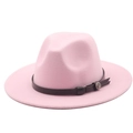 Detail of pink wool fedora with thin black leather band and silver floral metal buckle - M (56-58cm) / Pink