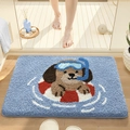 Plush blue bathroom rug featuring a swimming cartoon dog on water ripple background - 40*60cm / Diving Puppy