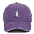 Close-up of ghost embroidery and stitching on a purple washed cotton baseball cap - Adjustable / Purple