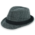 Dettaglio del cappello fedora in lana a quadri grigi con nastro in canneté nero - Taglia Unica 58cm Circonferenza / Quadroni Grigio Scuro