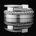 Silver stainless steel bracelet set with roman numerals and braided wire stack - Steel Color Square Head Set