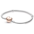 Silver snake chain bracelet featuring a contrasting rose gold heart-shaped clasp - 16cm / Rose Gold