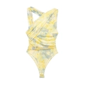 Asymmetric ruched mesh bodysuit with yellow and blue floral print and cross halter neck - Yellow Floral