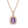 Rose gold rectangle necklace with a large purple gemstone and white zircon halo - Rose Gold + Purple Stone Necklace