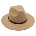 Detail of light brown wool fedora with a black leather band and gold metal buckle trim - One Size / Camel (Single Band)