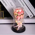 Detail von rosa Rosen in einer Glaskuppel mit LED-Licht auf schwarzem Sockel für Geschenke - Warmweiße Lichter + Glaskuppel + Rosa Geschenkkarton / Lychee-Rosa Rose