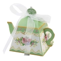 Mint green teapot-shaped paper favor box with pink roses and white organza ribbon bow - Grass Green with Gold Patterns