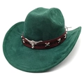 Detail of dark green suede cowboy hat featuring brown leather band and silver bull head icon - M (56-58cm) / Dark Green