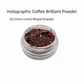 Macro shot of 0.2mm and 1mm mixed brown laser holographic nail glitter powder in a jar - Laser Coffee