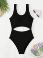Chic black ribbed one-piece swimsuit with abdominal cutout and round neckline design - S / Black