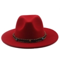 Detail of red fedora hat featuring ethnic woven band with turquoise beads and metal studs - Red