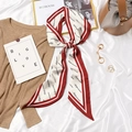 French style cream silk twilly scarf with burgundy borders and elegant cursive lettering - #394 Diagonal Letter Wine Red Border