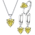 Exquisite silver jewelry set with heart-shaped yellow gemstones necklace earrings and ring - Set / Yellow Zirconia