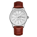 Men's quartz watch with silver case, white dial, and brown leather strap with date display - Silver Case White Dial Brown Leather Strap