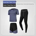 Completo sportivo da uomo 3 pezzi blu spaziale con maglia a compressione e pantaloncini - Taglia S / Set da 3 Pezzi Pantaloni Cationici (Sopra e Sotto) / Blu scuro