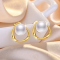 Elegant gold-plated S925 silver stud earrings with large white pearls and zircon - Gold Streamline Pearl Stud Earrings (C15)