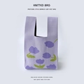 Detailed close-up of pastoral floral knitted tote bag with purple flowers and green leaves - Purple Bean Sprout Flower