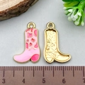 Pink enamel and gold cow print cowboy boot charms with measurements for DIY jewelry - Pink Cowboy Boot (21852)