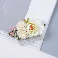 Bohemian floral hair comb with white dahlia and yellow roses on silver metal base - FS05-1 White
