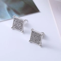 Macro detail of square stud earrings with pave-set shimmering white cubic zirconia - D14 Silver Pave Square