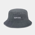 Macro detail of NEWYORK embroidery and eyelet on washed cotton retro bucket hat - M (56-58cm) / Gray