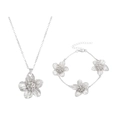 Silver flower jewelry set featuring a necklace and bracelet with textured petals - Silver Necklace & Bracelet Set