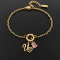 Stainless steel initial U pendant bracelet with pink zircon and heart in 14K gold finish - Letter U
