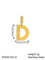 Detailed view of golden stainless steel letter D pendant with size specs 1cm by 0.8cm - Letter-D / Steel