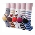 Close-up of five pairs of colorful women's cotton socks with cute cartoon cat patterns - Dot Stripe Cat Dog Set